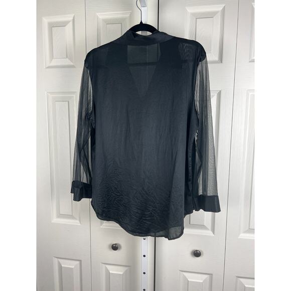Vintage Black Nylon Button Front Collared Sheer Sleeve Blouse XL Goth Career - Picture 6 of 8